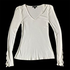Express Y2K Ribbed Knit V-neck Top Puff Long Sleeve Tee Women XS Cream Coquette